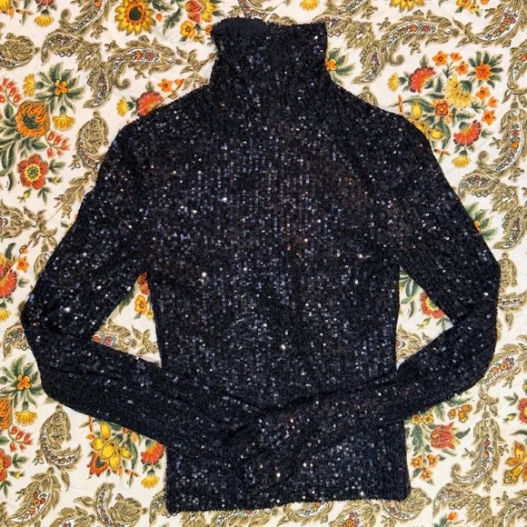 Cara Cara Black Sequin Turtleneck Long Sleeve Zipper Back Top Whimsygoth XS - Picture 3 of 8